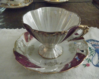 VINTAGE CUP and SAUCER Fluted cup with Footed Lace Saucer. Burgandy/purple and White Lustre with gold trim. Very unique