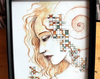 FINE art Illustrations fantastic/Surrealist Art/Poetic gift Art Deco, colors/Watercolour pencils, Format A4: "Cubik"
