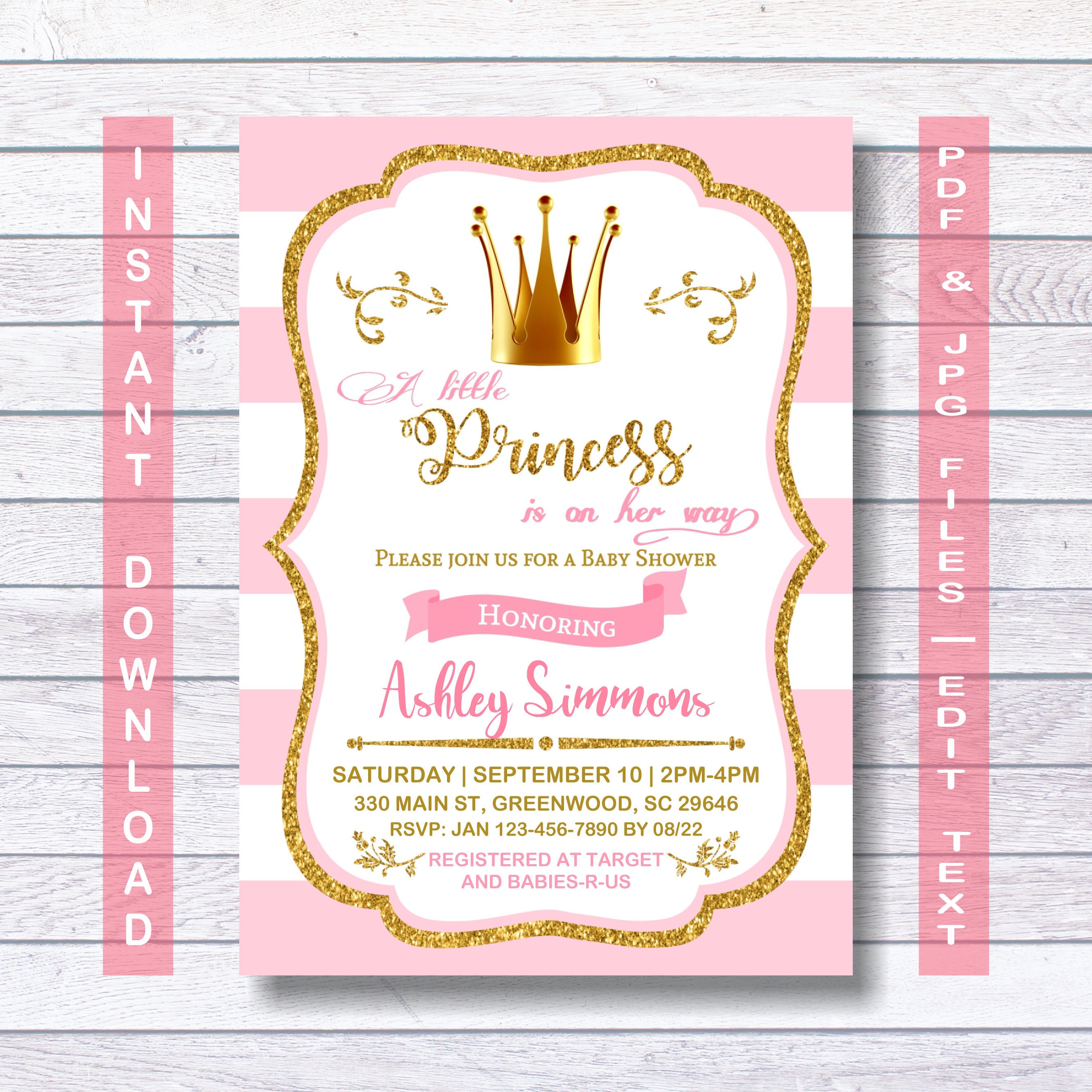 Princess Baby Shower Invitation Instant Download princess