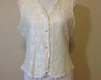Ladies Ivory Lace Front Lined Vest with Back Tie and Faux Pearl Buttons by Jordan, Size 14, Previously 20 Dollars ON SALE
