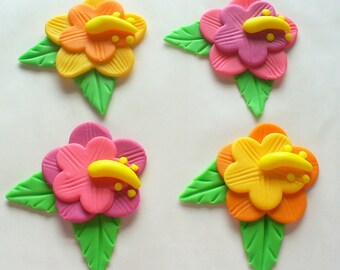 12 Edible Fondant Tropical Hawaiian Luau Hibiscus Flower Cupcake Toppers