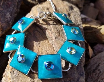 Turquoise Pearl Charm Bracelet / Swarovski crystal / one of a kind