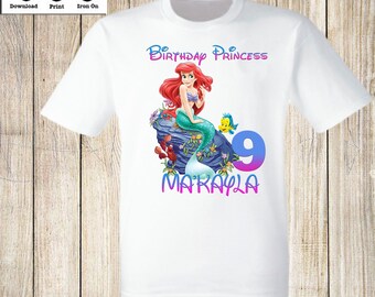 Disney Little Mermaid Birthday iron on transfers Disney Princess Little Mermaid Personalized Birthday T-Shirt Little Mermaid iron on shirt.