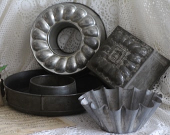 Lot of 4 Vintage French Metal Moulds - Tin Moulds - Baking Moulds - Shabby Chic - Kitchen Decor