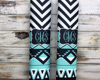 Gift for women under 20, Cute monogram seat belt cover, Aztec pattern chevron turquoise black, Padded seat belt strap cover aztec (1292)