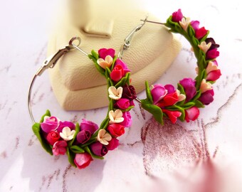 Large Hoop Earrings Real Flower Earrings Pink Hoop Earrings Boho Earrings Bohemian Earrings Roses Earrings Festival earrings