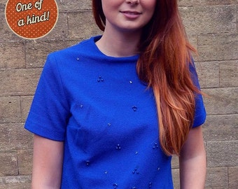 Original 1960s Royal Blue Bernard Russell Beaded Top UK Size 10/12