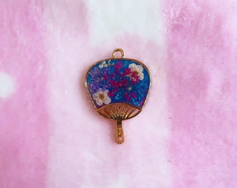 Kawaii Cute Galaxy Japanese Fan with Flowers Bezel Pendant Charm - UV Resin Keychain