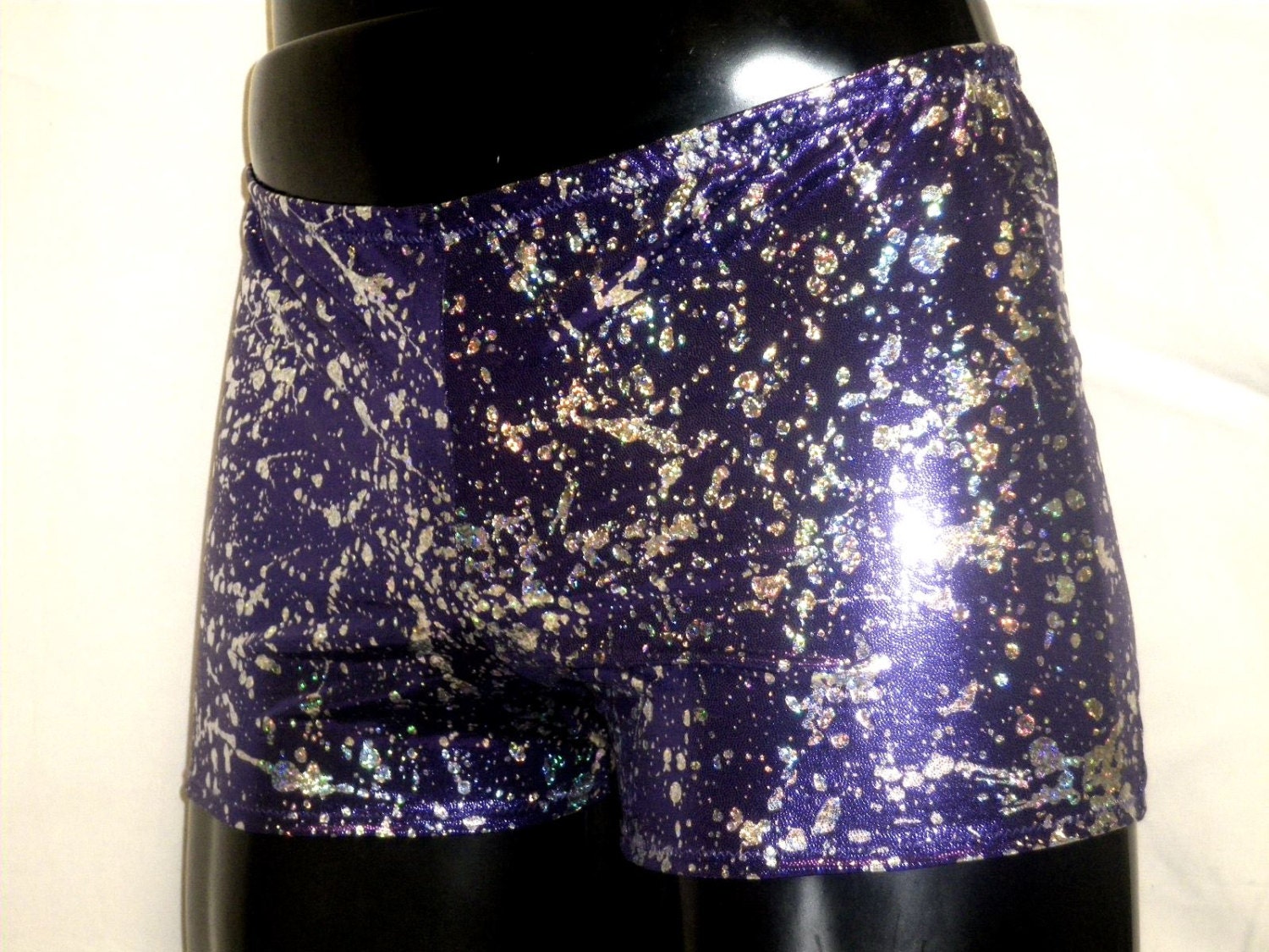 Mens Spandex Shorts Metallic Purple Silver Splodge Lycra Booty