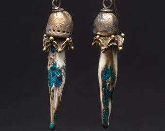 Sinuous drops of primitive lampwork glass topped with bronze ruffles and rustic ceramic bead caps, frozen moments, Drops of Time earrings