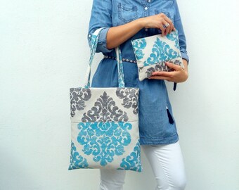 Blue Canvas Tote Bag Set, Floral Shoulder Bag, Floral Tote, Floral Summer Bag, Gift For Her, Zipper Bag, Bag with Purse, Woman Handbag