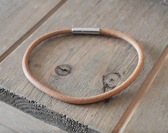natural LEATHER BRACELET genuine modern subtle thin bronze camel tan plug in end eco fashion boho style wristband simple bracelet