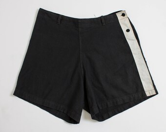 Vintage 1940s Shorts - Black Cotton White Stripe High Waist - Medium