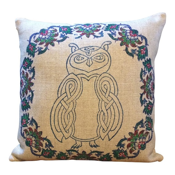 Hand Block printed linen pillow cover with celtic animal pattern, decorative cushions, owl pillow , cottage style, organic textile