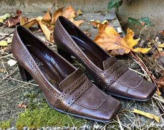 Dark Brown Leather High Heels / Leather High Heels / Square Toe Leather Heels / Leather High Heels / Brown Leather Pumps - Size 7 1/2