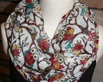 Infinity Scarf Owl Viscose Circle Loop Scarf-Chunky Woodland Owls on Trees Infinity scarf-Great Accessory for Your Outfit