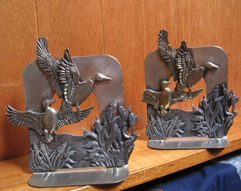 Sale!!! Vintage 80's, Lovely Vintage Metzke Two Bookends, Brass Pewter Metal Cut Out Book Ends, Home Office/Library Metal Decor, Made in USA