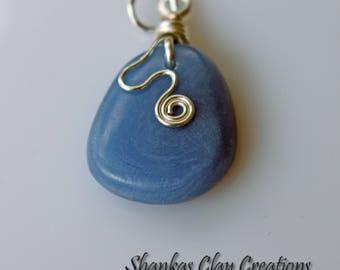 CLEARANCE*****Polymer Clay Faux Sea Glass Pendant - blue - wire wrapped