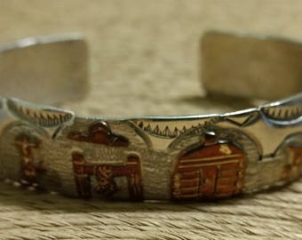Vintage Native American Sterling Silver and 12k Gold Filled Storyteller Cuff Bracelet Signed RB or Richard Begay
