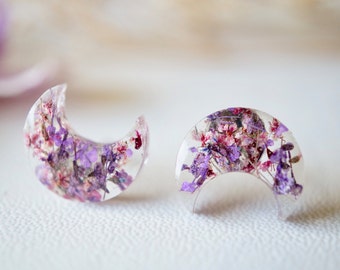Real Dried Flowers and Resin Moon Stud Earrings in Purple and Burgundy