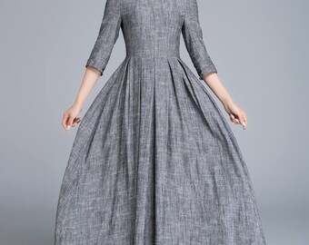 Comfy dress, dark gray dress, linen dress, fitted dress, summer dress, womens dresses, long dress, romantic dress, gift ideas 1653