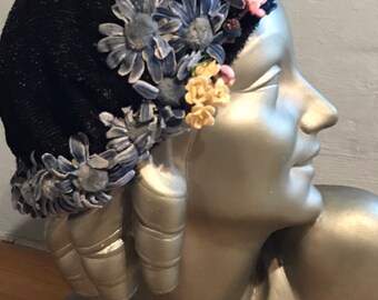 1920s handmade hat with colouful velvet flowers.
