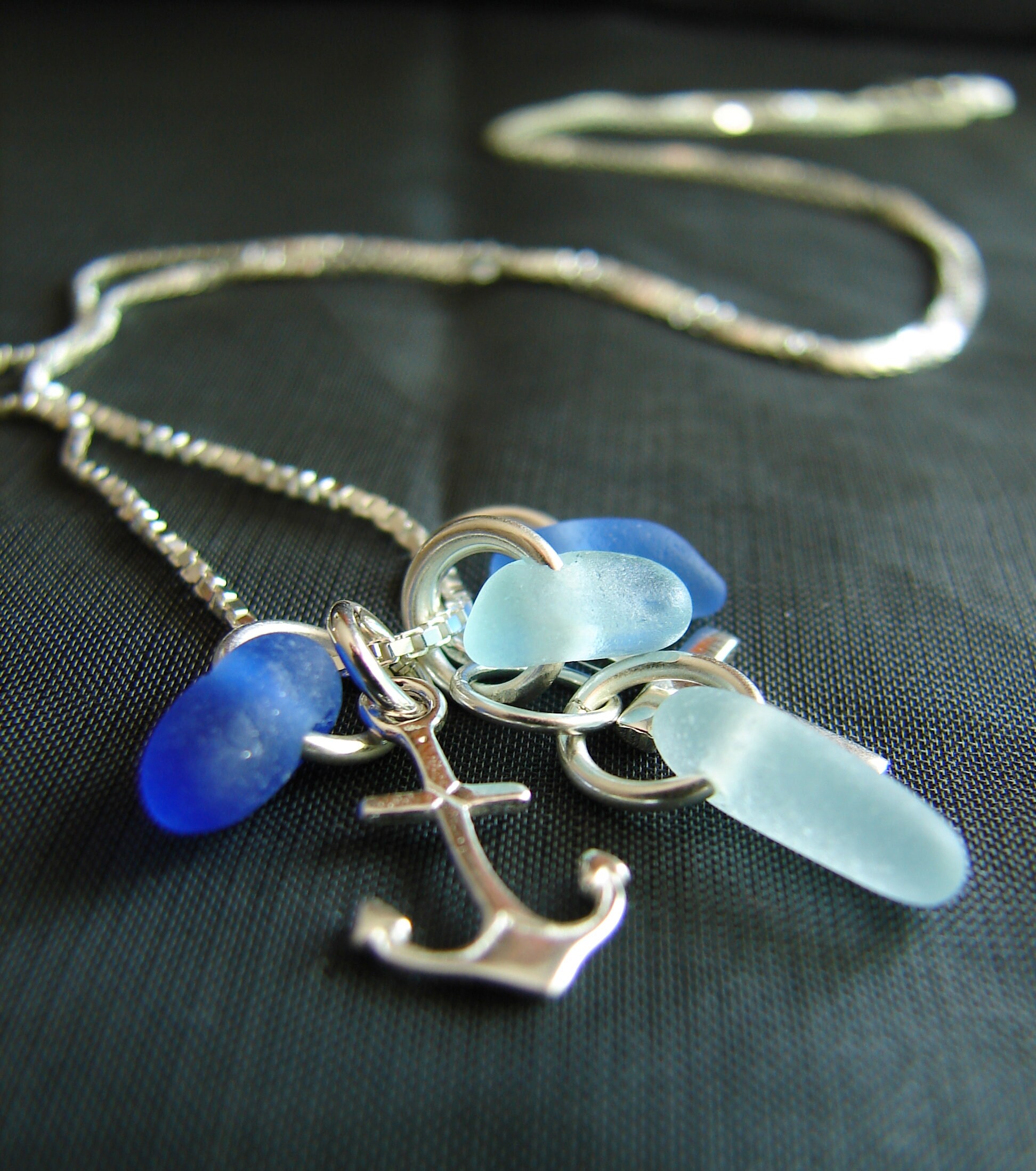 The Anchor Holds sea glass necklace in blue and aqua