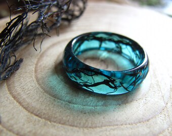 Mermaid Ring, Ocean Resin ring, Nature Ring, Mermaid Jewelry, Blue Resin Ring, Stacking Ring, Black Algae Ring, Summer Ring, Nautical Ring