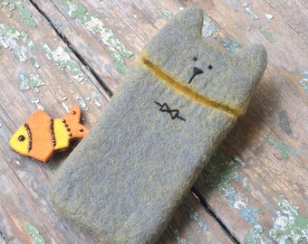 Cat Gray Phone Case Eco Padded Pure Wool Felt Sleeve Cover Cute Funny Grey Bow tie Pet Unisex Geekery Unique Gift Any Size Free Shipping