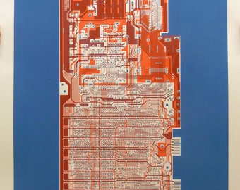 Commodore 64 (C64) screen print beetroot, raspberry, silver on sky blue art silkscreen circuit portrait retro computing