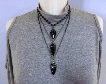 Black Obsidian Arrowhead Necklace , Arrowhead Beaded Choker , Arrowhead Gunmetal Chain and Blank Link Chain Mix , Amulet , Talisman