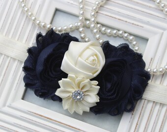 Navy blue headband, navy blue and ivory headband, navy blue elastic headband, navy blue wedding headband ivory and navy blue hair accessory