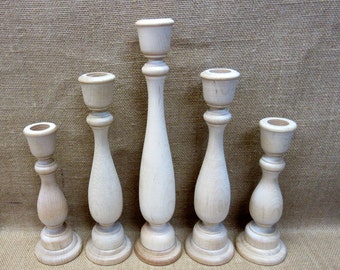 Wooden Candle Holders / Candlesticks 11, 9, 6-3/4 Inches Tall Lot Of 5
