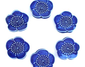 Beautiful Ceramic ChopStick/ Pen Rests, Hand Made, Set of Six Hand Made Blue Peach Blossom