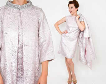 60s Pink Brocade Dress Set | Pink Metallic Brocade Set | Extra Small
