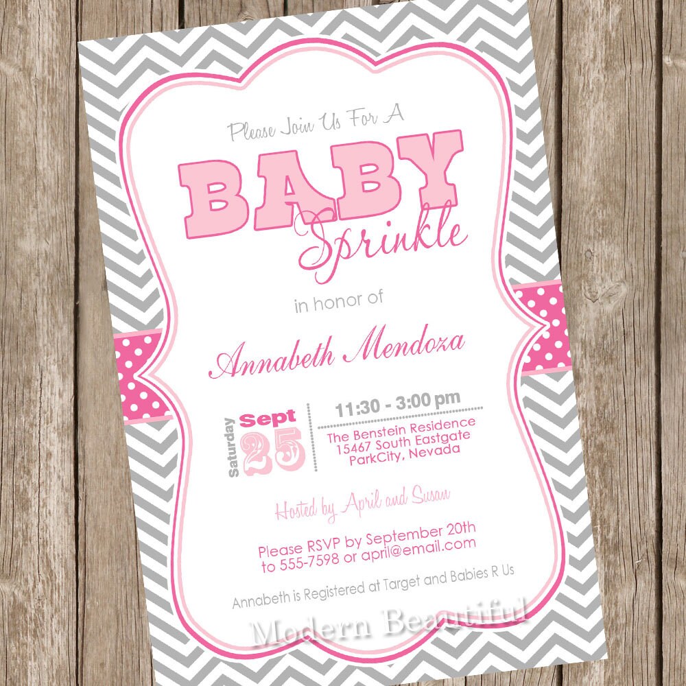 girl sprinkle baby shower invitation pink and grey chevron