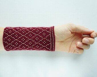 Maroon and gold beaded wrist warmers/ knitted wristlets with beads / woollen cuffs – ready to ship