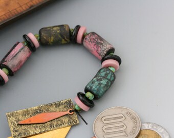 Polymer Clay Artisan Art Beads. Polymer clay over wood. Clay beads. Minis! Handmade Bead Set of 5 with Handmade and Vintage Dangles.