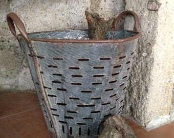 Rustic metal olive basket,Vintage Bucket and Storage,Decorative Basket,Rustic Bucket