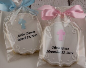 Personalized Plaque Cookies with Cross for Baptism, Communion - 12 Decorated Sugar Cookie Favors