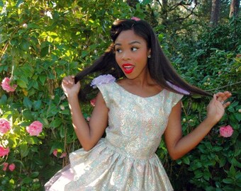 Marie, Marie Antoinette Inspired Brides Maid Dress-Lavender and Brocade Floral Print