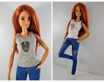 Barbie clothes Barbie Jeans Denim pants for Barbie doll (M2M, Belly Button, regular Fashionista) Slim jeans and gray Barbie shirt