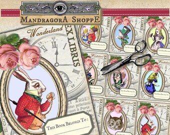 bookplates 9x Alice in Wonderland library cards for book lovers ex libris instant download printable digital collage sheet book plate cards