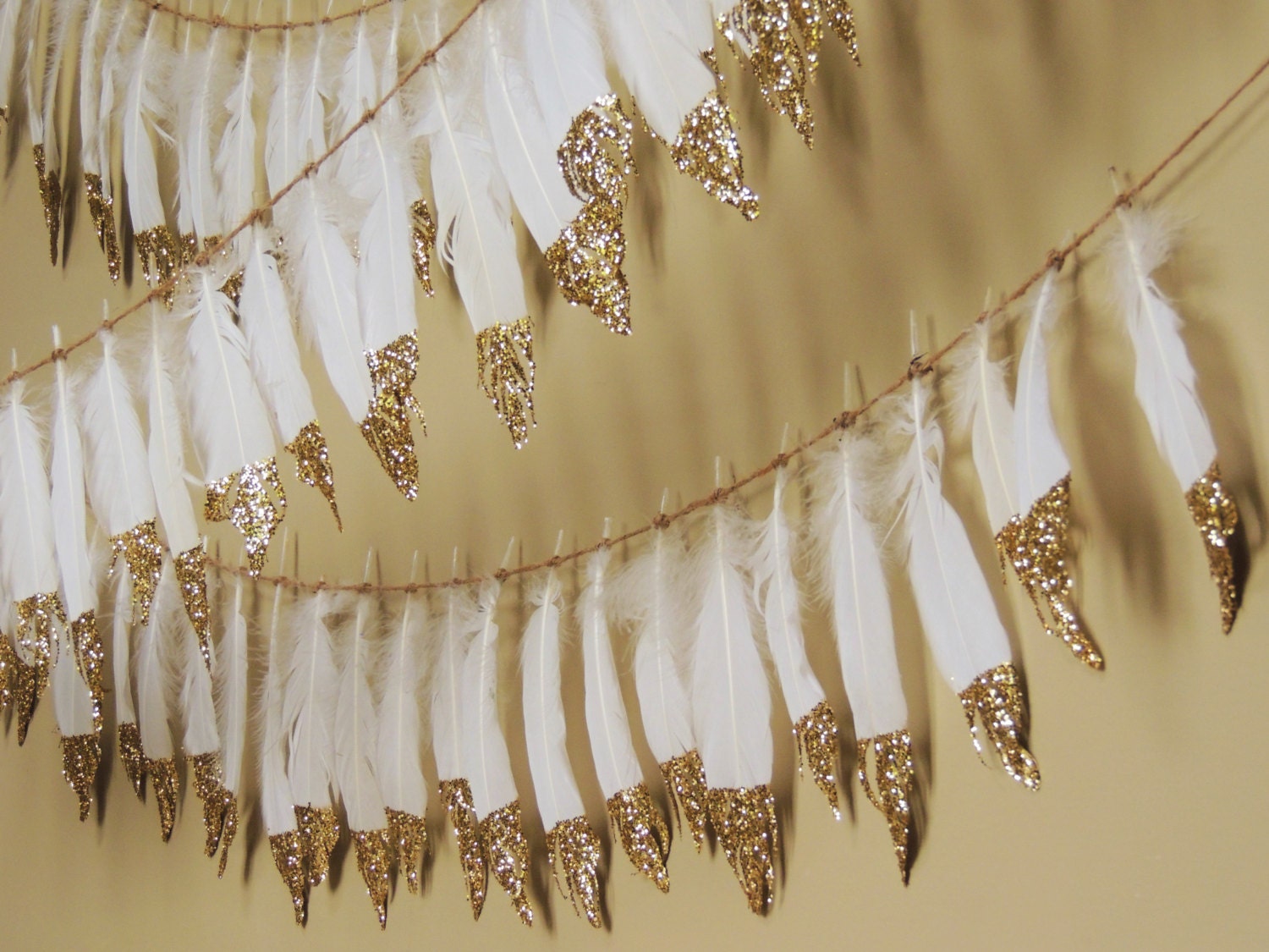 Glitter Dipped Feather Garland Banner Gold Feathers Boho Decor