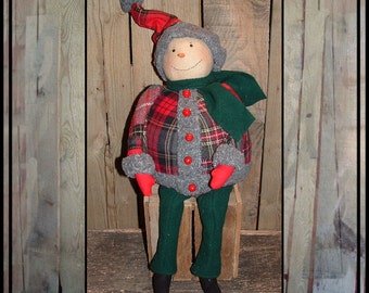 Round fat Folk Art snowman hand embroidered cloth nose wool patchwork stocking cap HAFAIR ofg faap lucys lazy dayz red green