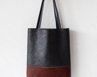 Textured Black & Chestnut Brown Leather Tote bag No.TO-101