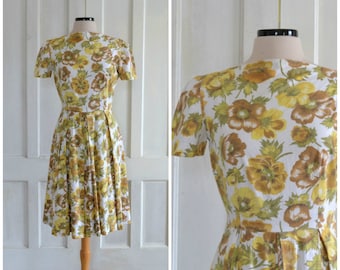 50s Floral Cotton Dress 60s Day Dress Full Skirt Boat Neck Dress
