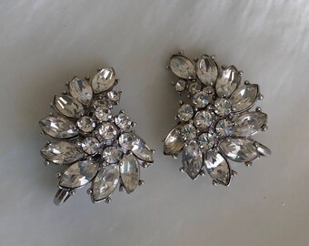 Vintage 1950s Clear Rhinestone Clip Earrings Trifari