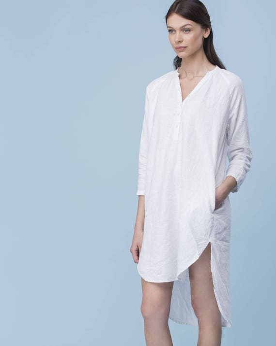 White summer linen dress / Washed linen V-neck dress / Long