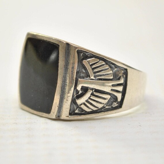 Onyx Curved Square Phoenix Bird in Sterling Silver Ring Sz 12 #8745
